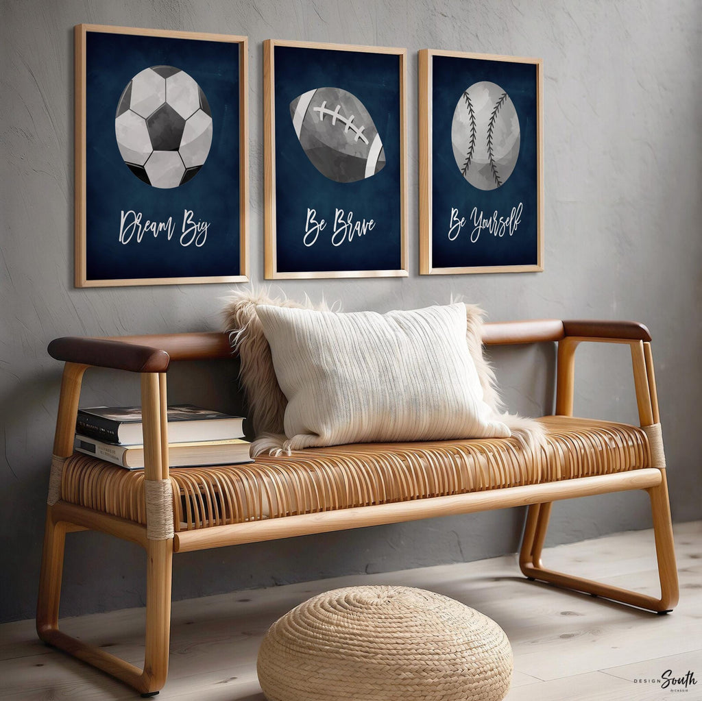 Decorative wall art featuring navy blue and gray sports-themed prints for a boys’ room or nursery. Perfect for a sports-themed birthday gift, party, or bedroom decor. Includes designs suitable for kids’ sports rooms, with playful illustrations and modern navy gray color scheme.