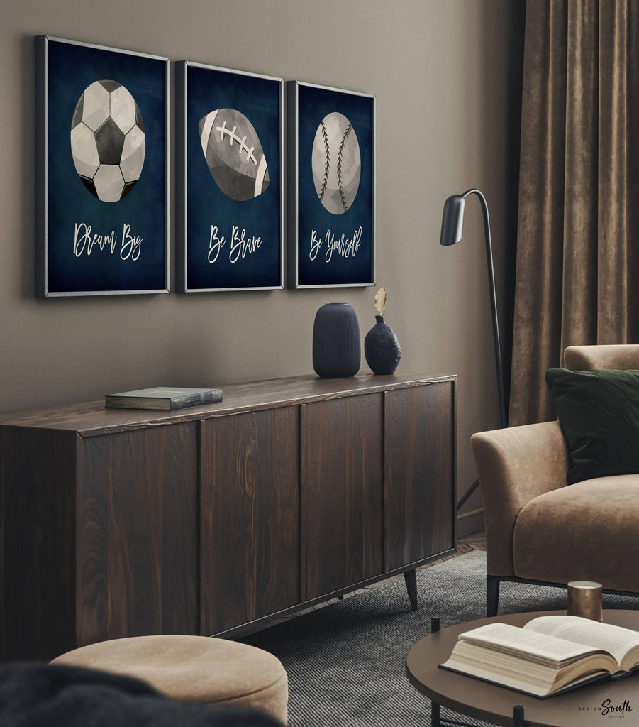 Decorative wall art featuring navy blue and gray sports-themed prints for a boys’ room or nursery. Perfect for a sports-themed birthday gift, party, or bedroom decor. Includes designs suitable for kids’ sports rooms, with playful illustrations and modern navy gray color scheme.