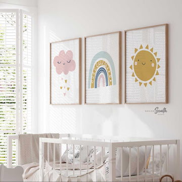 Set of 3 pastel nursery wall art prints featuring a sun, rainbow, cloud, and raining hearts design, perfect for a baby girl’s room, playroom, or toddler bedroom. These sweet and cheerful prints in soft pink, yellow, blue, and lavender tones add a whimsical and calming touch to any child’s space. Ideal for pastel-themed nurseries or rainbow baby gifts, this artwork set brings warmth and charm to your little one’s walls. A lovely decor choice for baby showers or first birthdays.