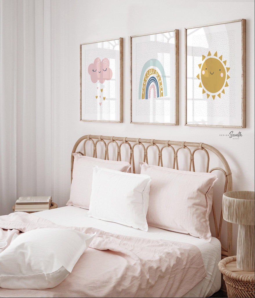 Sun rainbow cloud wall art, raining hearts nursery prints, pastel kids room decor, set of 3 baby girl nursery, playroom wall art prints