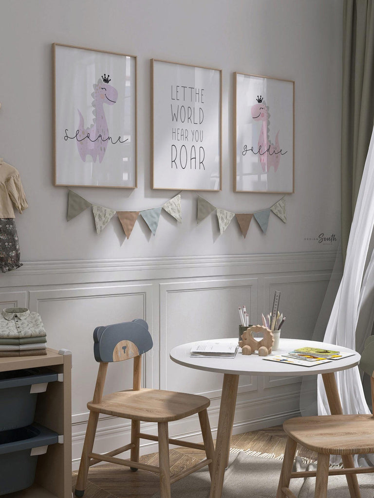 Sister room decor, personalized names two girls sisters siblings wall art, twin nursery prints for babies, dinosaur twin room pink purple