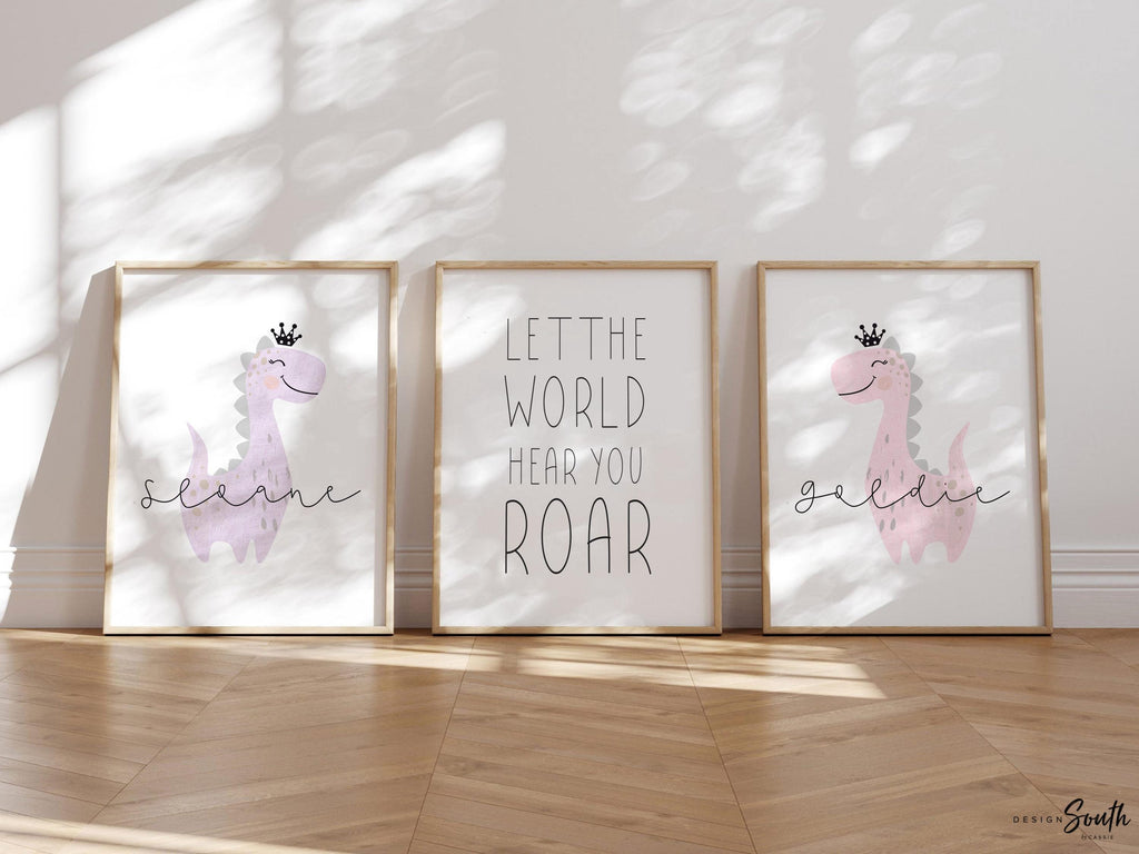 Sister room decor, personalized names two girls sisters siblings wall art, twin nursery prints for babies, dinosaur twin room pink purple