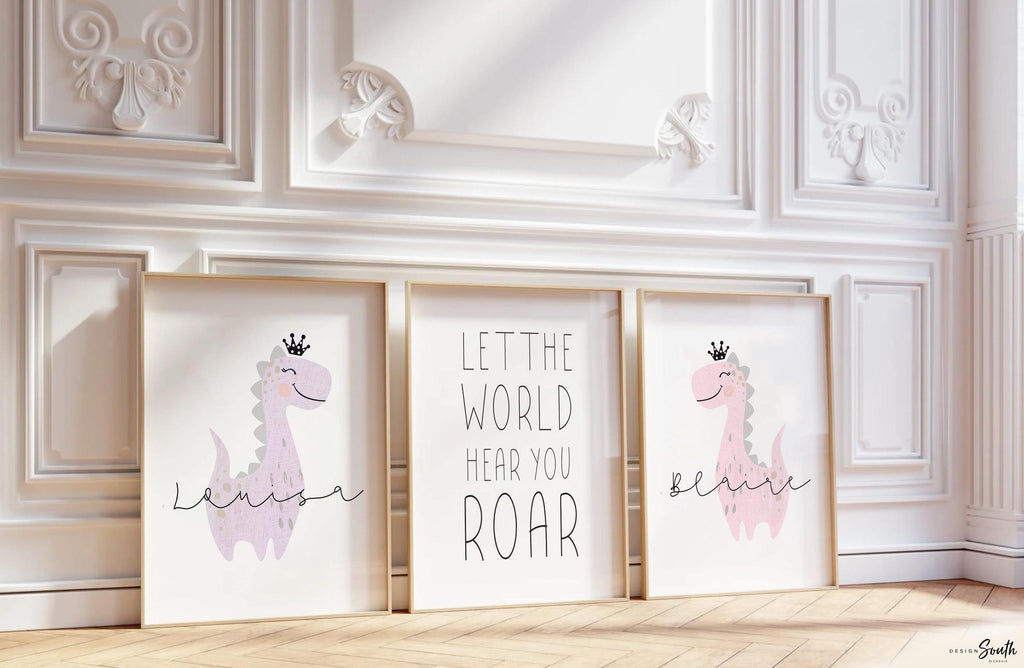 Sister room decor, personalized names two girls sisters siblings wall art, twin nursery prints for babies, dinosaur twin room pink purple