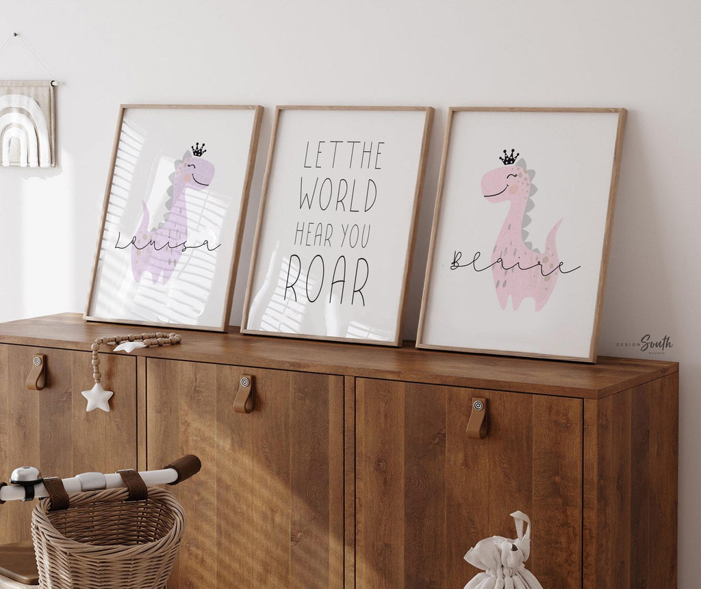 Sister room decor, personalized names two girls sisters siblings wall art, twin nursery prints for babies, dinosaur twin room pink purple