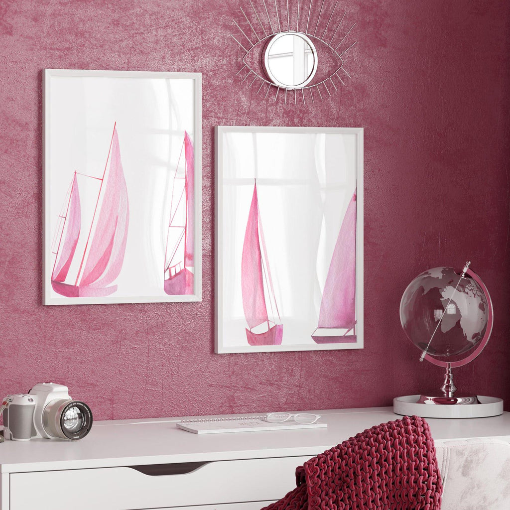 Set of 3 pink sailboat watercolor art prints featuring soft coastal scenes with ocean and lake views. These nautical wall decor pieces are perfect for a beach house, lake house, coastal bathroom, or a girl’s ocean-themed nursery. The soothing pastel tones and feminine sailing details create a light, breezy atmosphere. Ideal gift for those who love the coast, sailing, or soft pink decor. Unframed prints available in multiple sizes for versatile styling and easy framing.