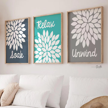 Bathroom wall decor, soak, relax, unwind, flower art for bathroom, adult bathroom art, children's wall art, bathroom flower art, flower art