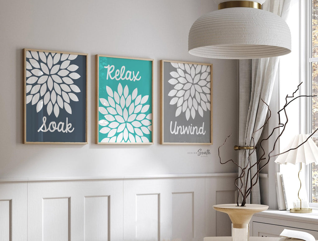 Bathroom wall decor, soak, relax, unwind, flower art for bathroom, adult bathroom art, children's wall art, bathroom flower art, flower art