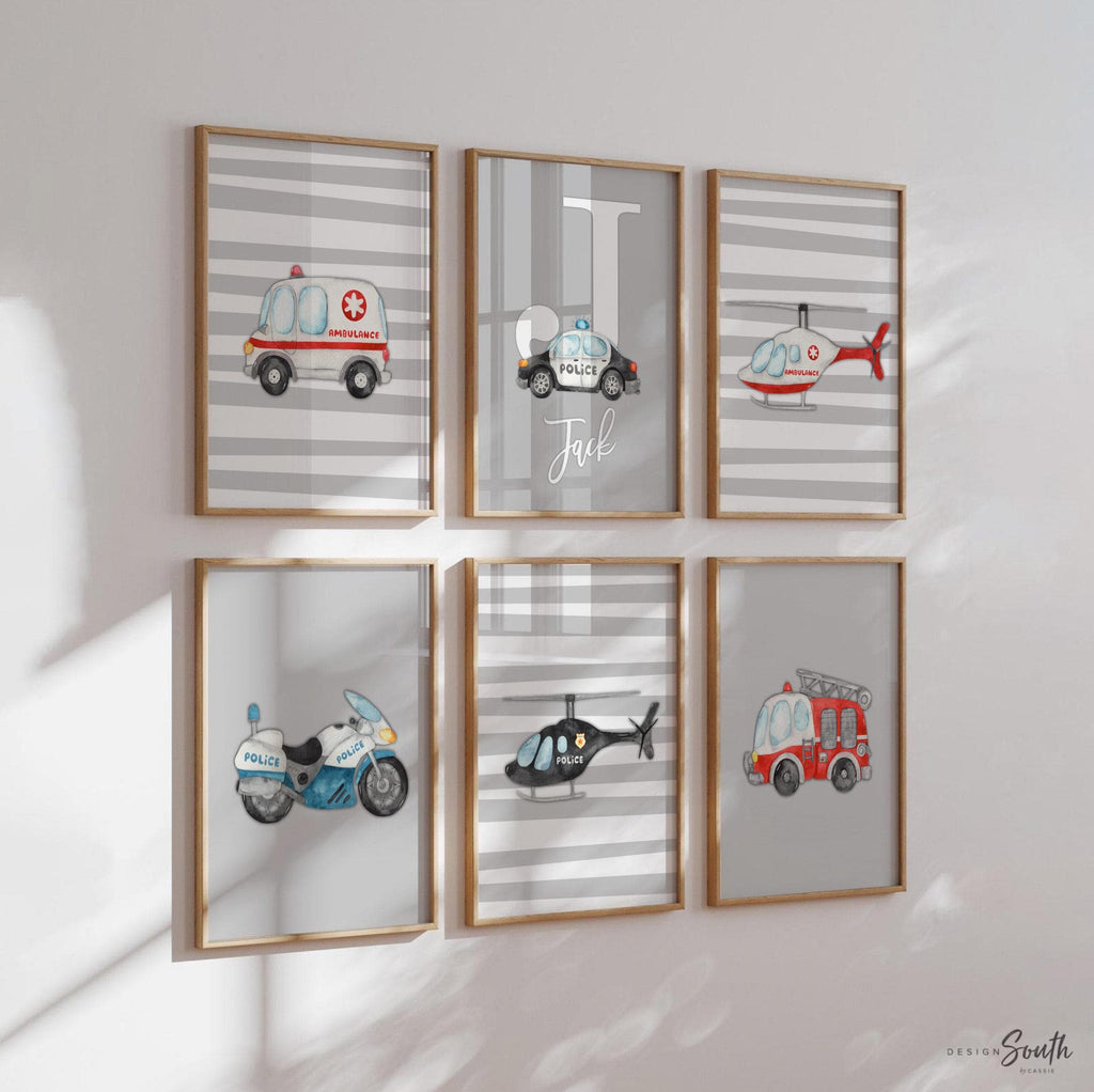 Set of 3 rescue vehicle wall art prints featuring colorful illustrations of emergency vehicles including fire trucks, ambulances, and police cars. Perfect for a toddler boy&#39;s bedroom, transportation-themed nursery, or playroom decor. These prints add a fun and educational touch to any child’s space. Great gift idea for little vehicle lovers or future first responders. Unframed and available in multiple sizes for easy display and framing.