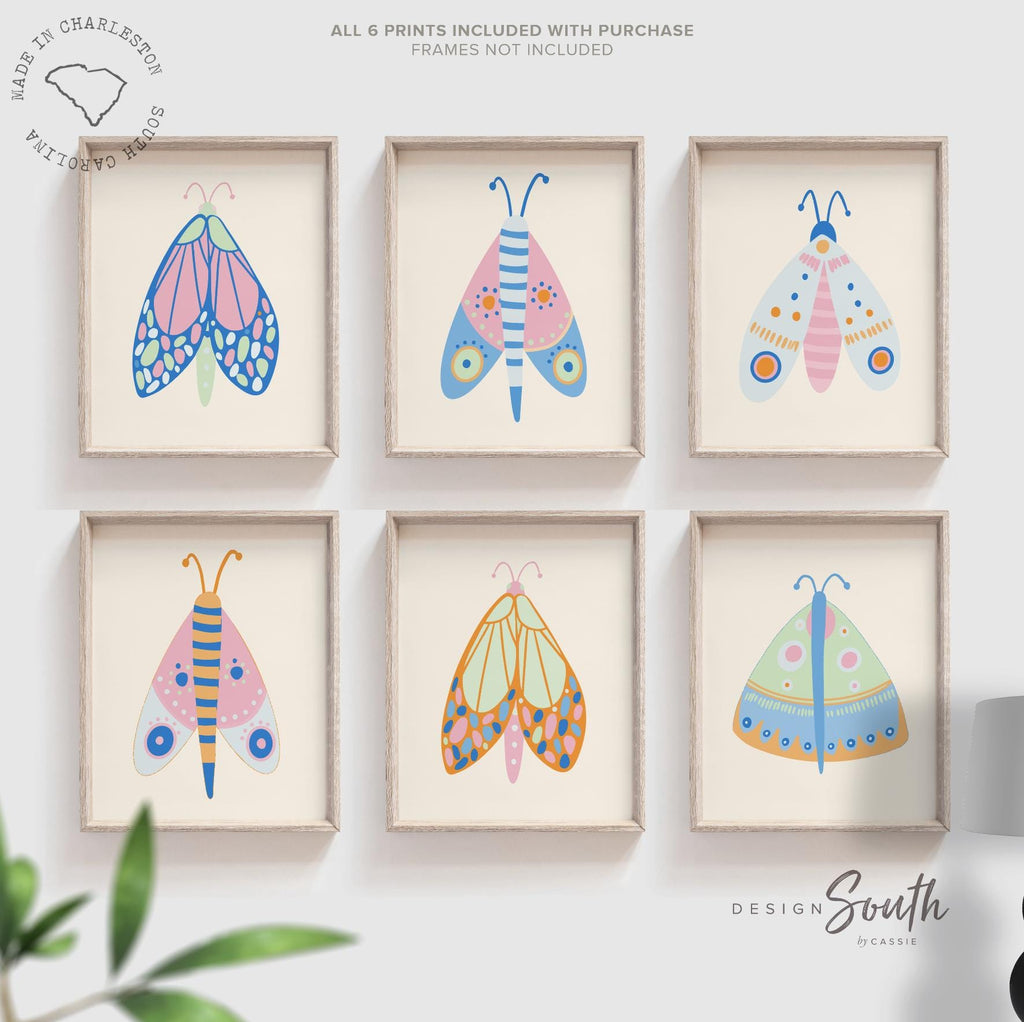 Butterfly wall art set of 6, colorful butterfly nursery prints, girls bedroom decor, whimsical pastel wall art for baby or toddler room