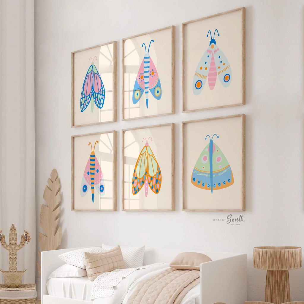 Butterfly wall art set of 6, colorful butterfly nursery prints, girls bedroom decor, whimsical pastel wall art for baby or toddler room