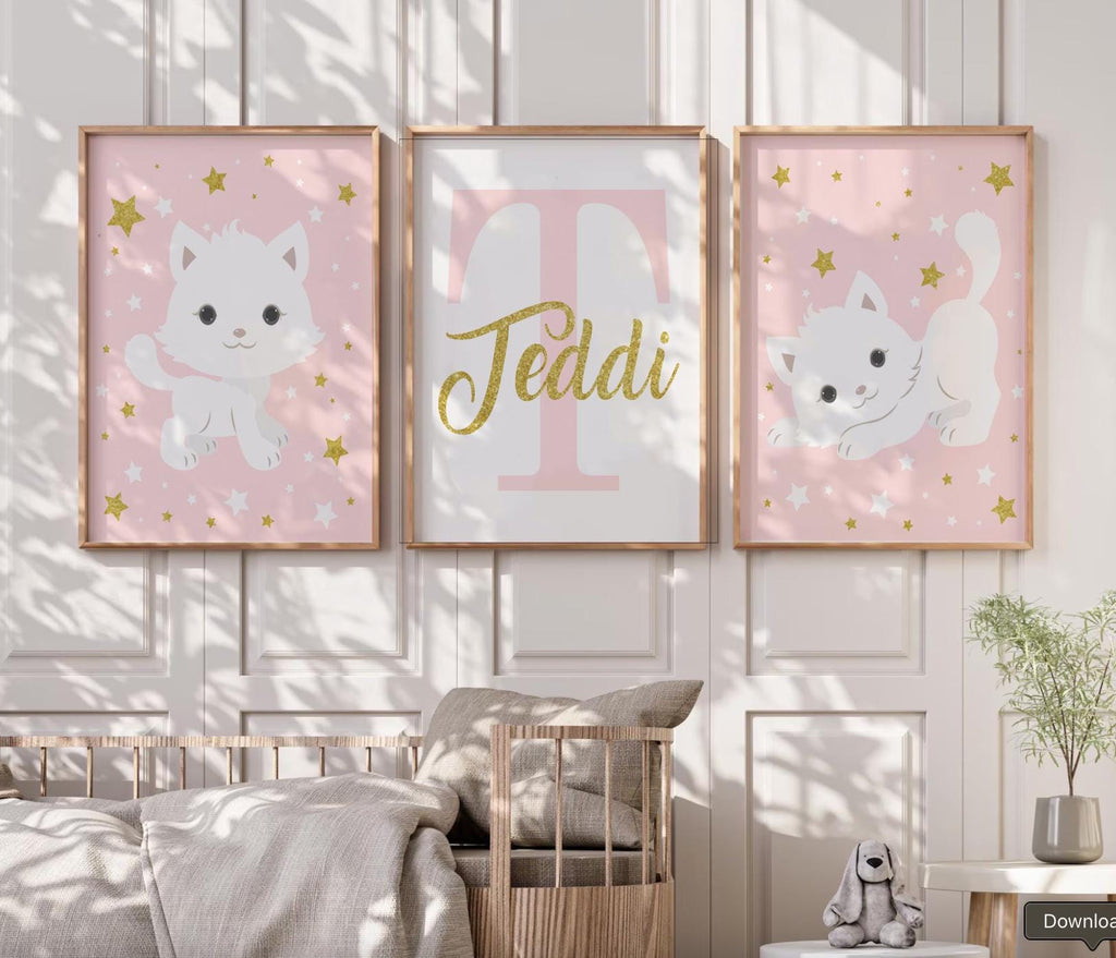 Nursery cat wall art, baby girl room animal, kitten nursery, cat lover room pink, kitten cute cat nursery wall, cat themed, custom baby name