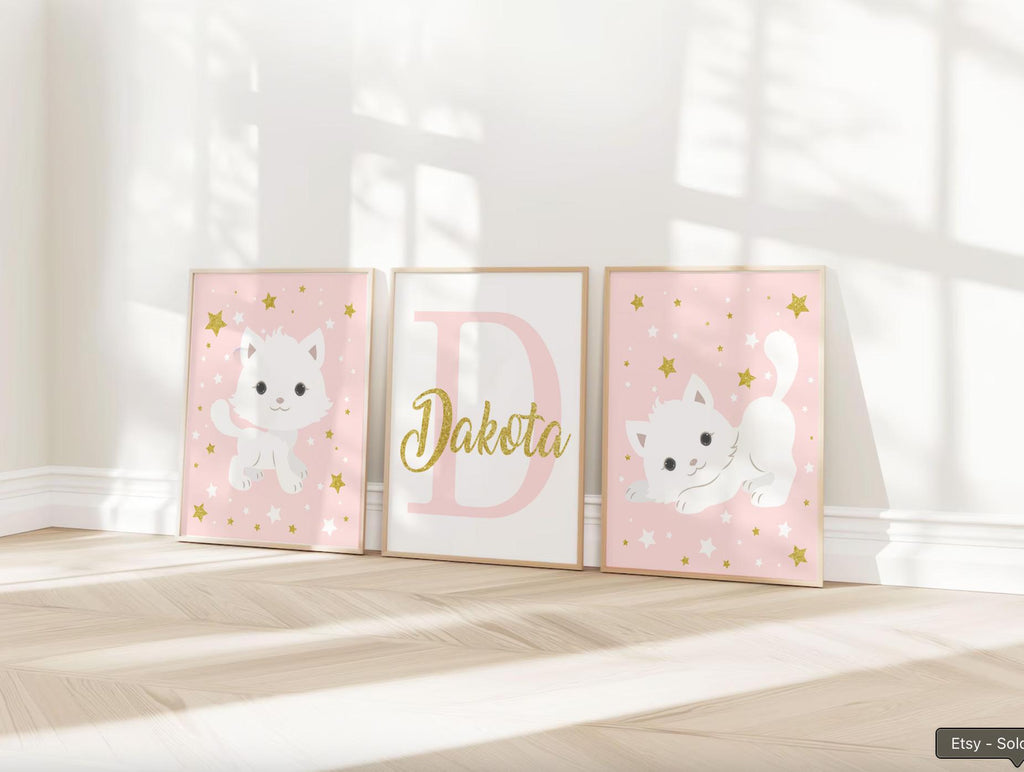 Nursery cat wall art, baby girl room animal, kitten nursery, cat lover room pink, kitten cute cat nursery wall, cat themed, custom baby name