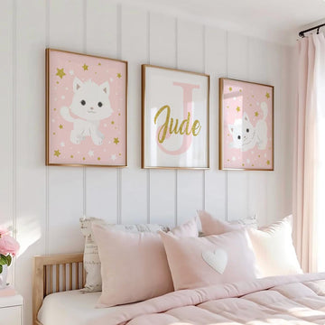 Nursery cat wall art, baby girl room animal, kitten nursery, cat lover room pink, kitten cute cat nursery wall, cat themed, custom baby name