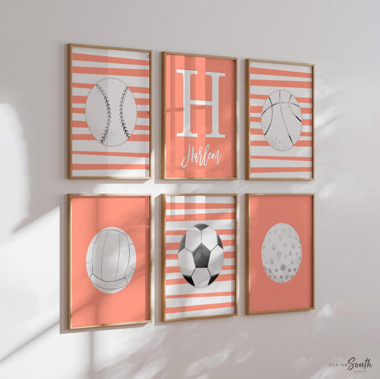 Set of 6 personalized girls sports wall art prints featuring volleyball, basketball, softball, golf, soccer, and a custom name print in a soft coral pink and gray color palette. Perfect for a baby girl nursery, toddler bedroom, or kids playroom with a sporty theme. Modern and sweet artwork designed to inspire and personalize your child's space. Ideal gift for sporty girls or custom nursery decor with a feminine touch.
