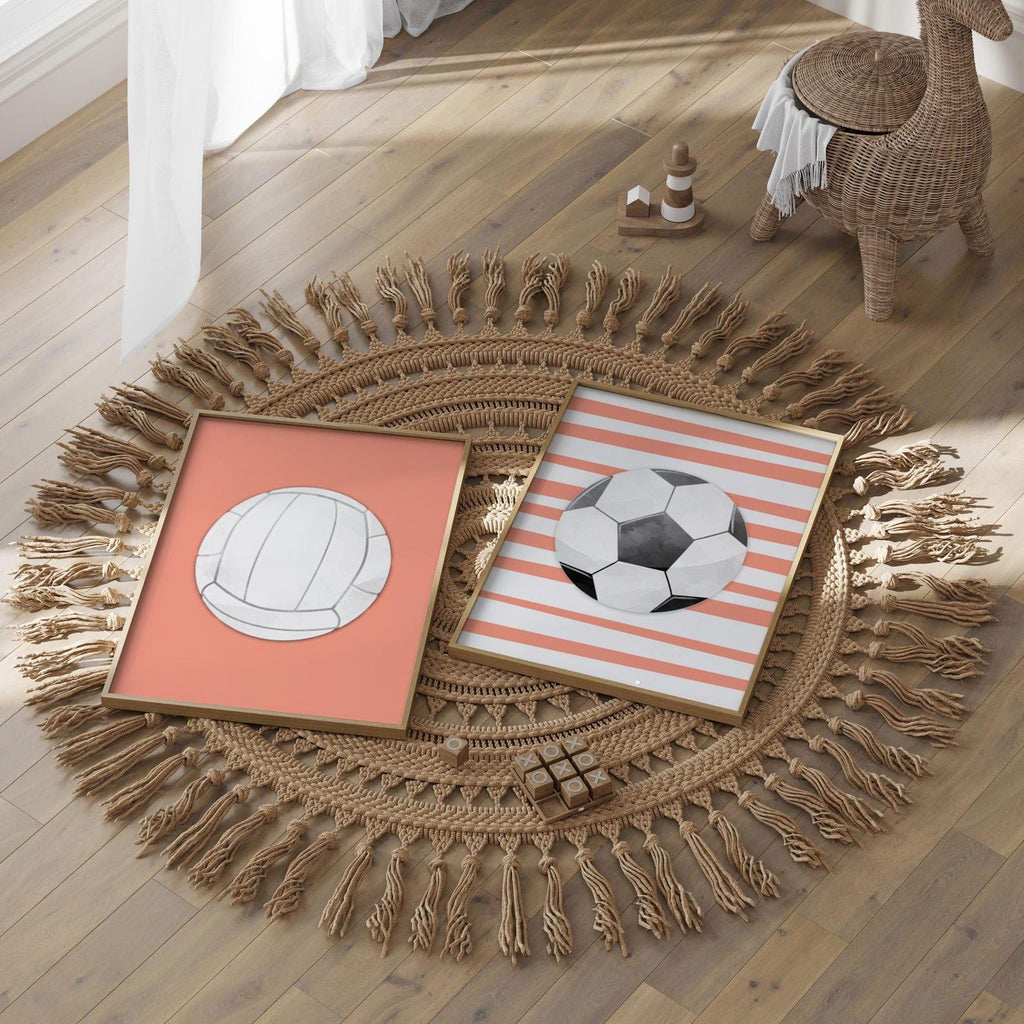 Set of 6 personalized girls sports wall art prints featuring volleyball, basketball, softball, golf, soccer, and a custom name print in a soft coral pink and gray color palette. Perfect for a baby girl nursery, toddler bedroom, or kids playroom with a sporty theme. Modern and sweet artwork designed to inspire and personalize your child&#39;s space. Ideal gift for sporty girls or custom nursery decor with a feminine touch.