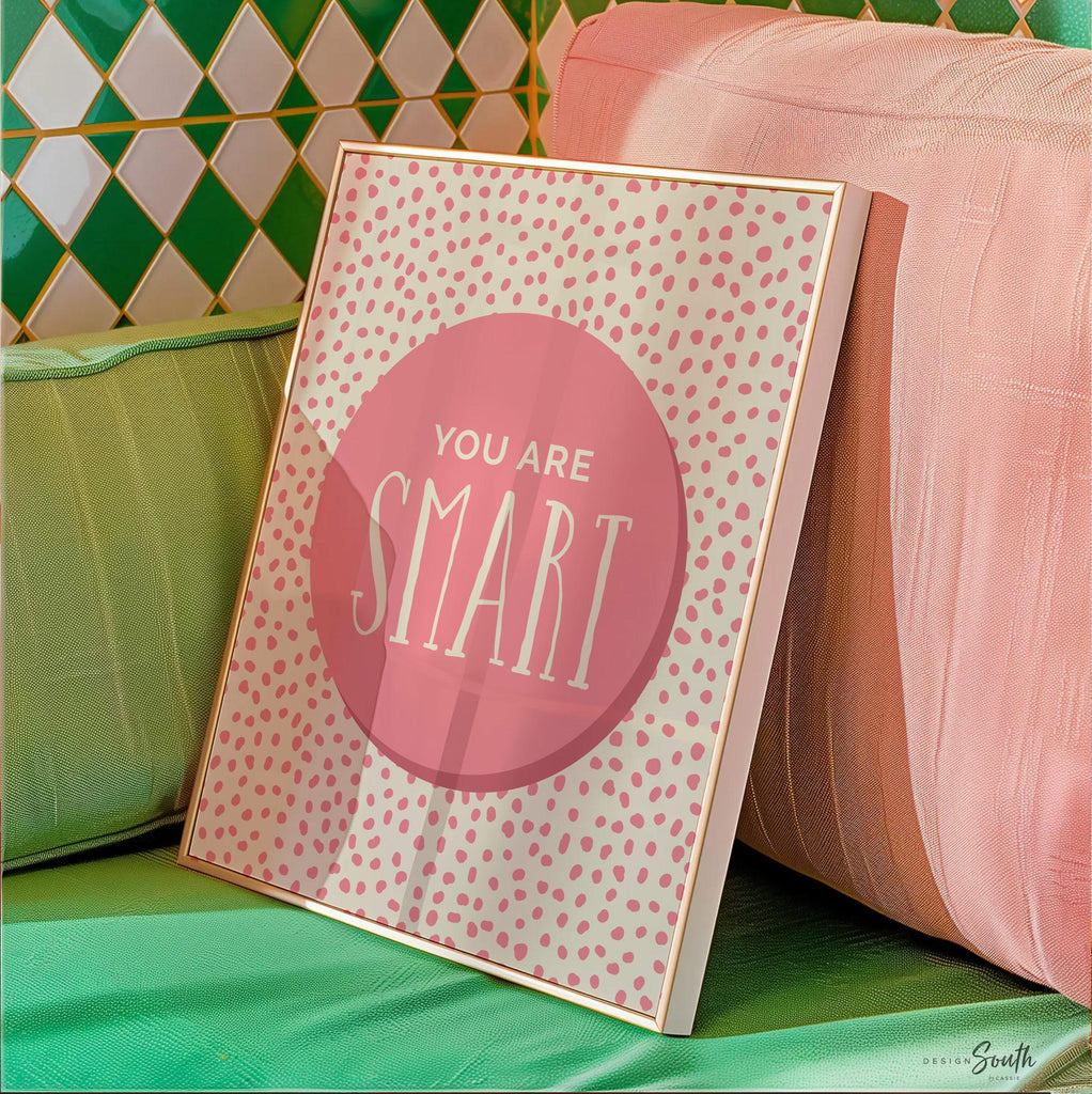 Set of 6 inspirational wall art prints for kids featuring rainbow-colored circles with modern speckled designs. Each print includes a positive affirmation: you are loved, you are kind, you are brave, you are smart, you are strong. Designed in purple, blue, green, pink, orange, and yellow for a vibrant and trendy playroom or nursery. This uplifting art set is perfect for encouraging confidence and positivity in babies, toddlers, or young children’s spaces.