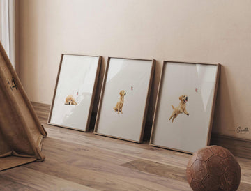Set of 3 nursery art prints featuring golden retriever puppies playfully chasing pink butterflies. Designed in a soft, clean, and modern style, this sweet wall art set is perfect for a baby girl&#39;s nursery or toddler bedroom. The gentle color palette and simple composition create a calming and adorable atmosphere, ideal for dog lovers and parents looking to add a personalized, heartwarming touch to their child’s space.