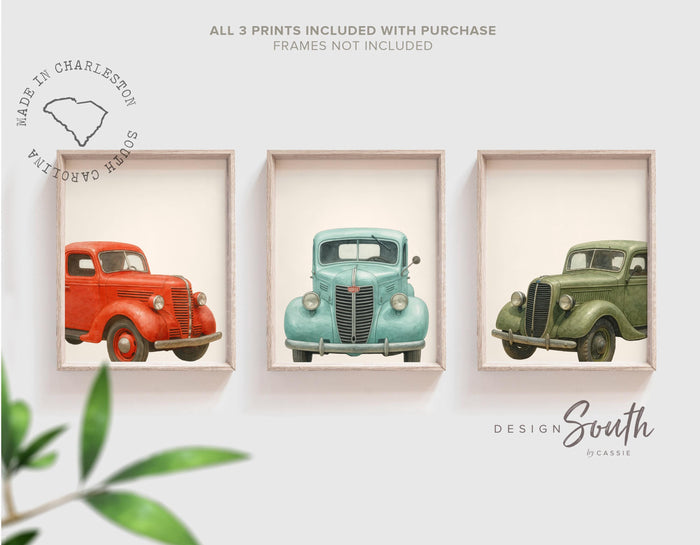 Classic vintage truck wall art for boys, 1930s red green blue watercolor trucks, toddler boy nursery, kids room wall decor, retro truck art