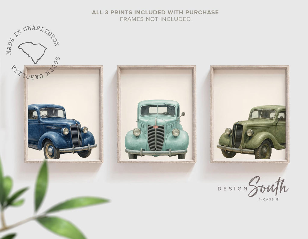Retro truck nursery wall art for boys, vintage truck wall art, 1930s red green blue watercolor trucks, toddler nursery decor, retro vehicles