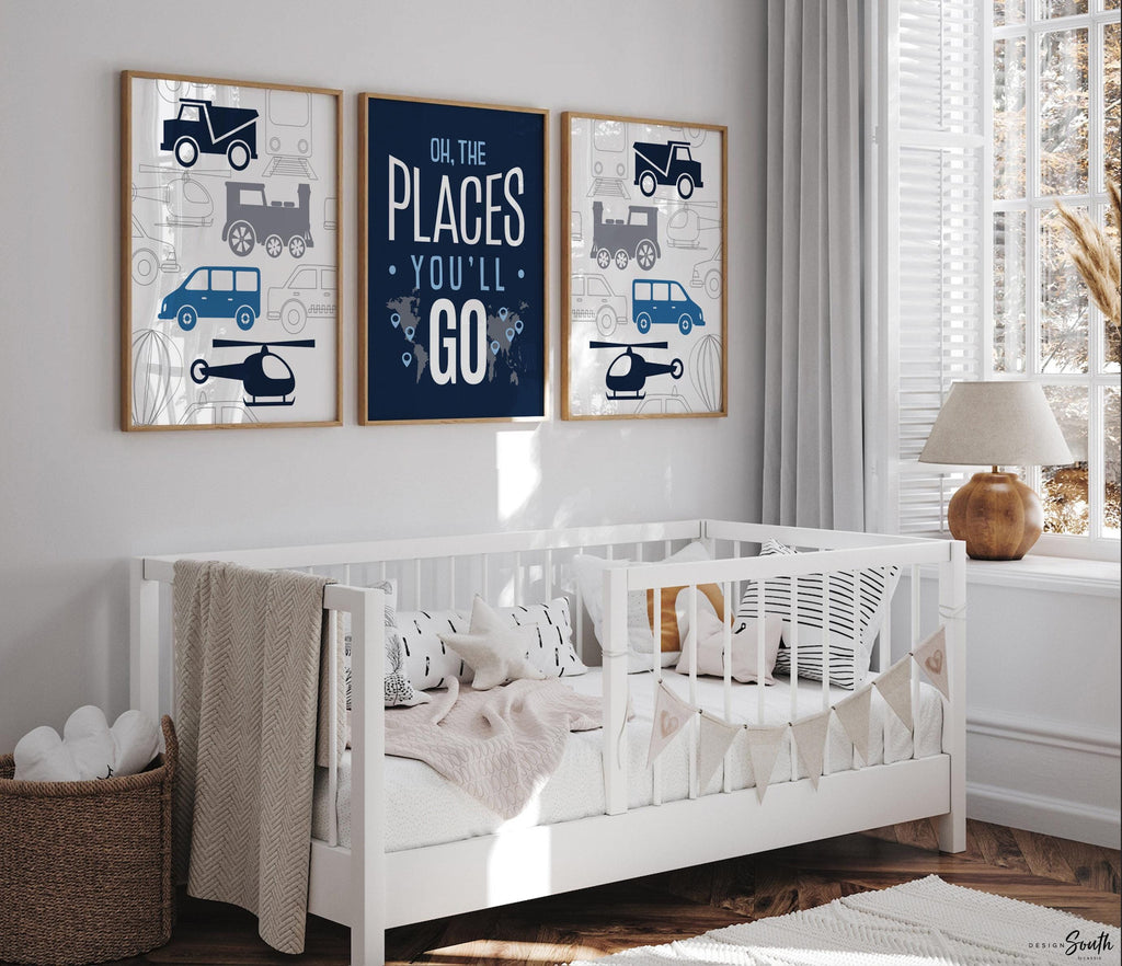 Transportation boys room wall art cars trains helicopter, navy blue and gray cars, boy bedroom decor, car bedroom boy, car decor boy room