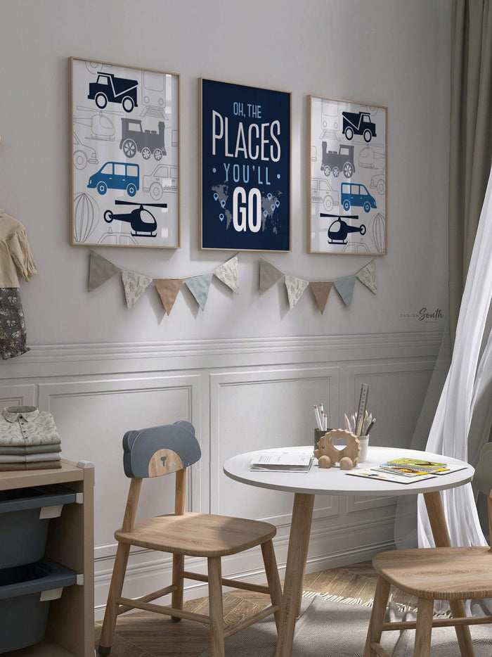Transportation boys room wall art cars trains helicopter, navy blue and gray cars, boy bedroom decor, car bedroom boy, car decor boy room