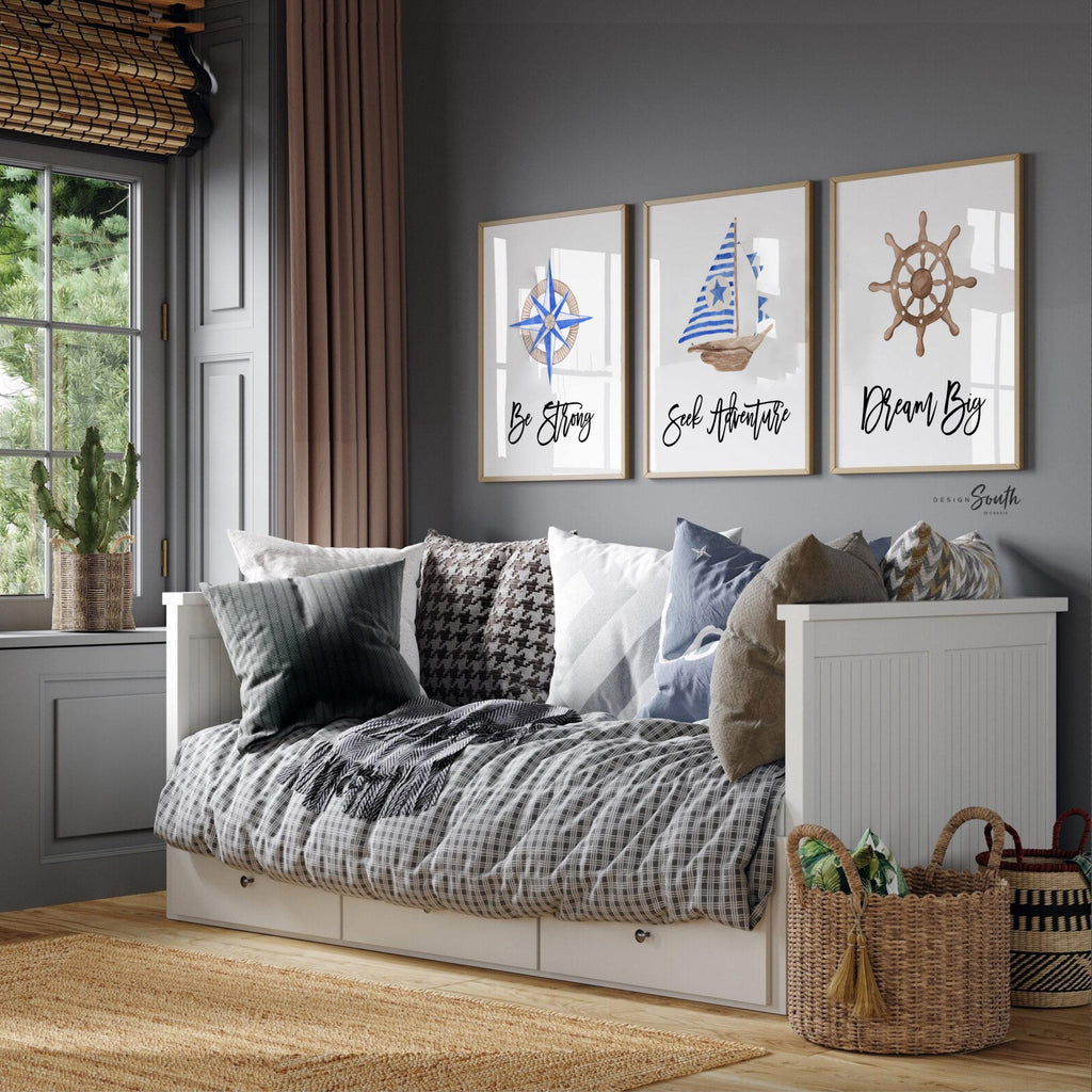 Baby nautical nursery decor, baby nautical gift, blue boy nautical room decor, compass sailboat wooden ship wheel baby room art, sailing art