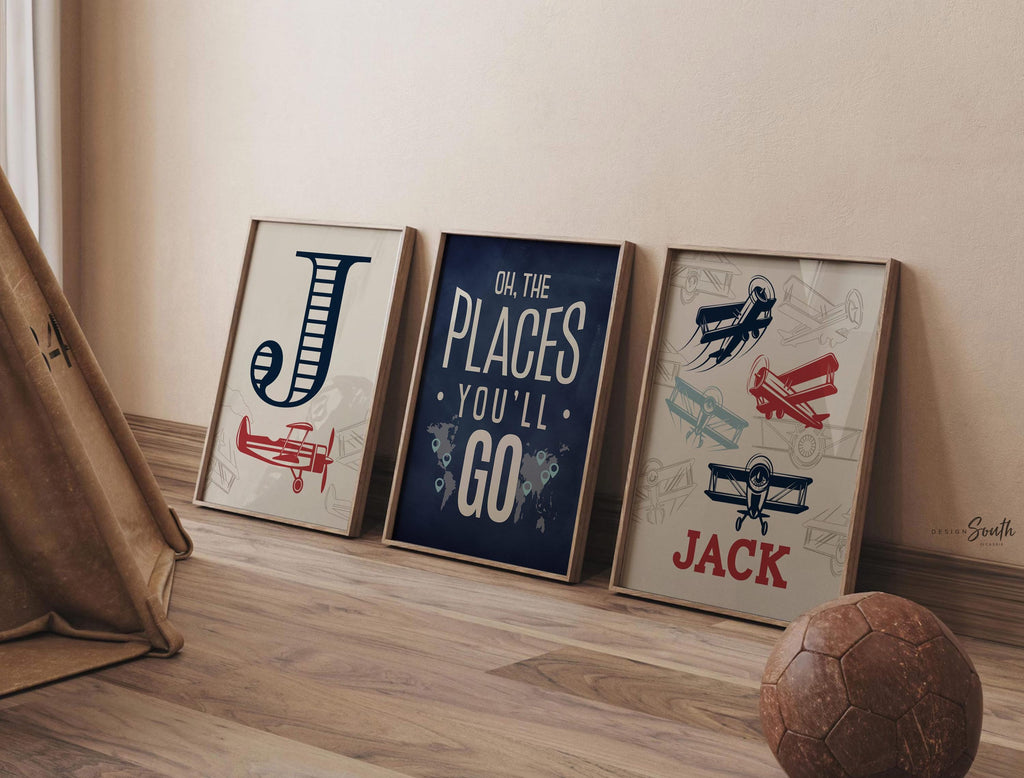 Boy vintage nursery wall art oh the places you&#39;ll go, aviation theme retro airplane wall art prints, red and navy blue airplane toddler art