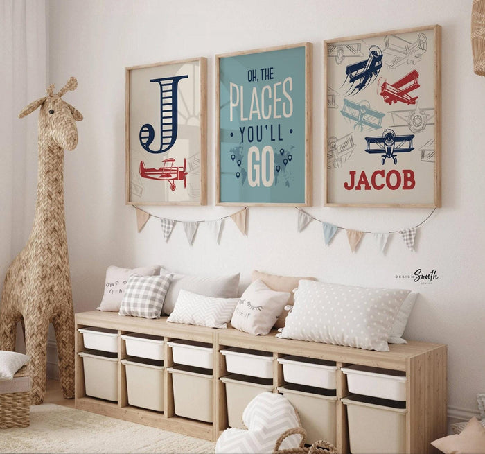 Vintage airplane wall art for boys nursery, red and navy aviation theme, toddler room decor, retro airplane prints, oh the places art