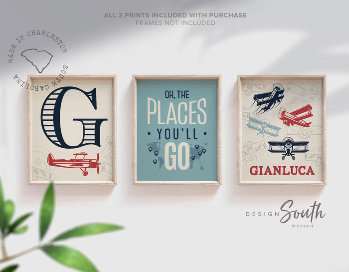 Vintage airplane wall art for boys nursery, red and navy aviation theme, toddler room decor, retro airplane prints, oh the places art
