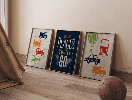 Transportation nursery decor, navy, red, green, orange, name print, transportation prints, helicopter, transportation nursery, train, trucks
