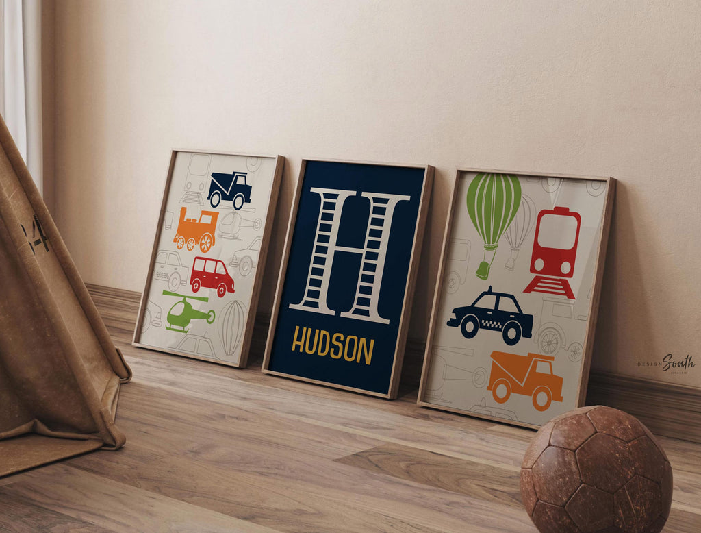 Transportation nursery decor, navy, red, green, orange, name print, transportation prints, helicopter, transportation nursery, train, trucks