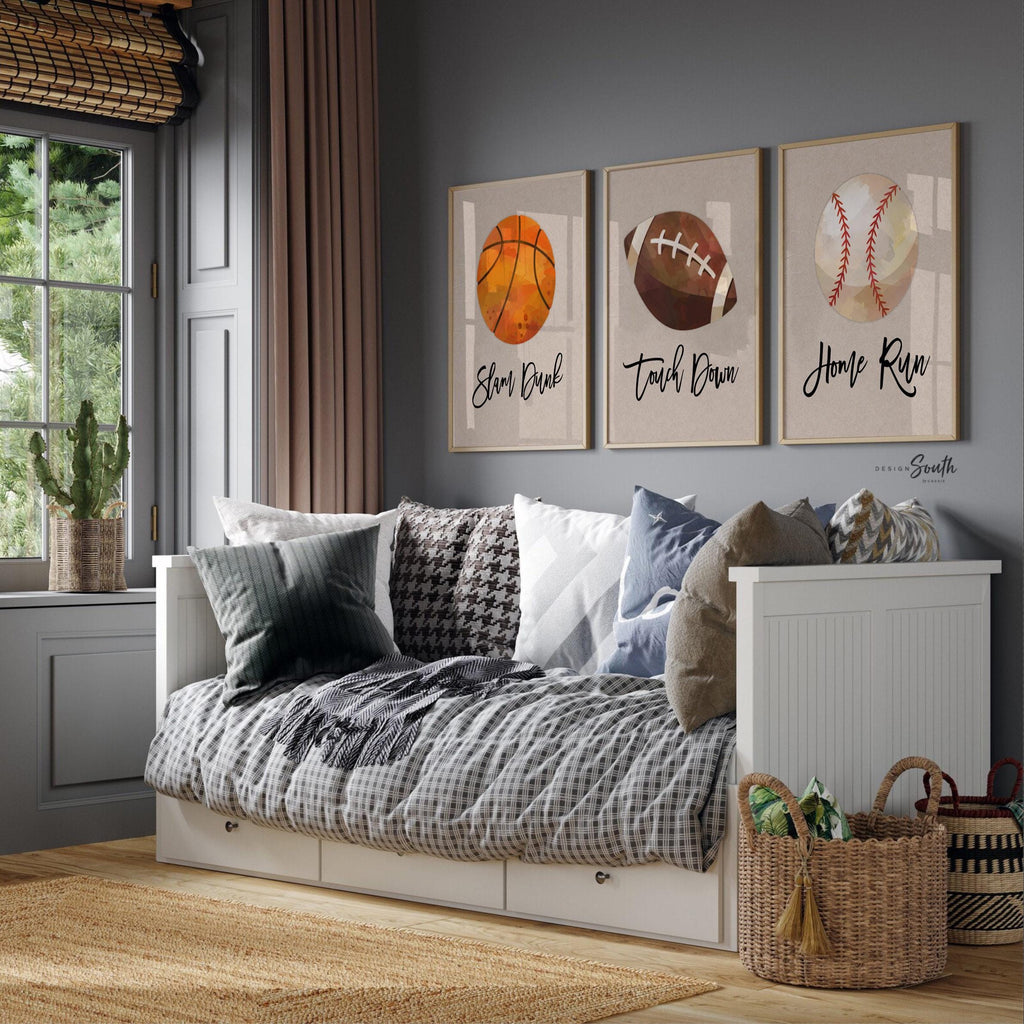 Sports baby gift, sports nursery wall art decor, basketball slam dunk art print, football touch down art print, baseball home run art print