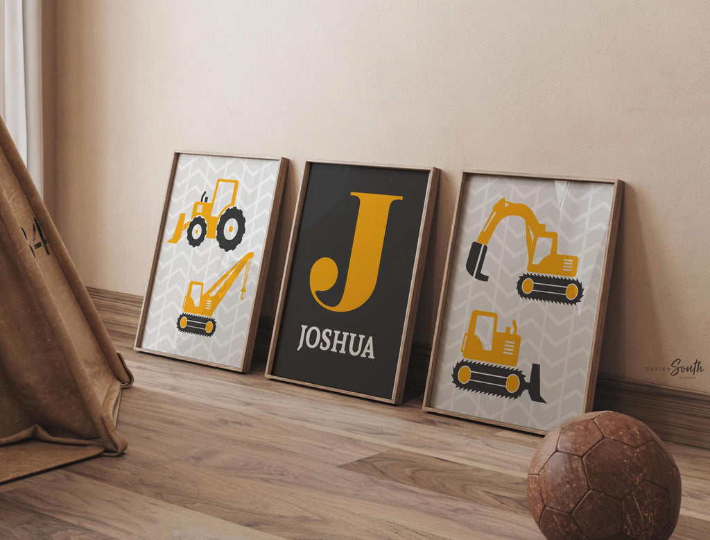 Construction nursery, construction bedroom, crane, digger, gray yellow construction, wall prints construction trucks personalized boys name