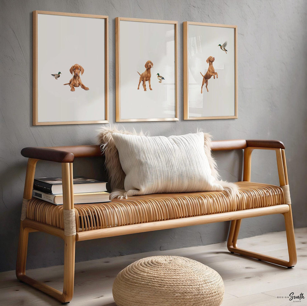 Set of 3 nursery art prints featuring Hungarian vizsla puppies accented with mallard duck birds. Designed in a soft, clean, and modern style, this sweet wall art set is perfect for a baby boy&#39;s nursery or toddler bedroom. The gentle color palette and simple composition create a calming and adorable atmosphere, ideal for dog lovers and parents looking to add a personalized, heartwarming touch to their child’s space.