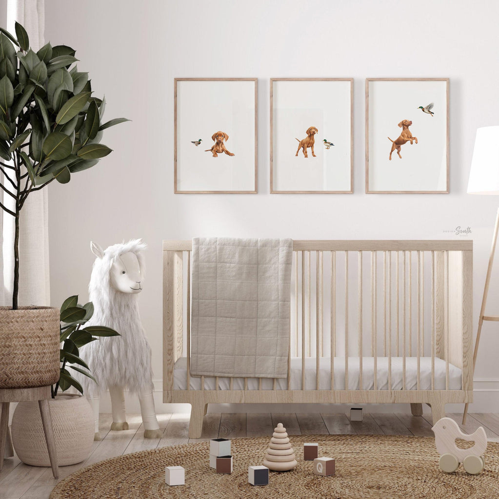 Set of 3 nursery art prints featuring Hungarian vizsla puppies accented with mallard duck birds. Designed in a soft, clean, and modern style, this sweet wall art set is perfect for a baby boy&#39;s nursery or toddler bedroom. The gentle color palette and simple composition create a calming and adorable atmosphere, ideal for dog lovers and parents looking to add a personalized, heartwarming touch to their child’s space.