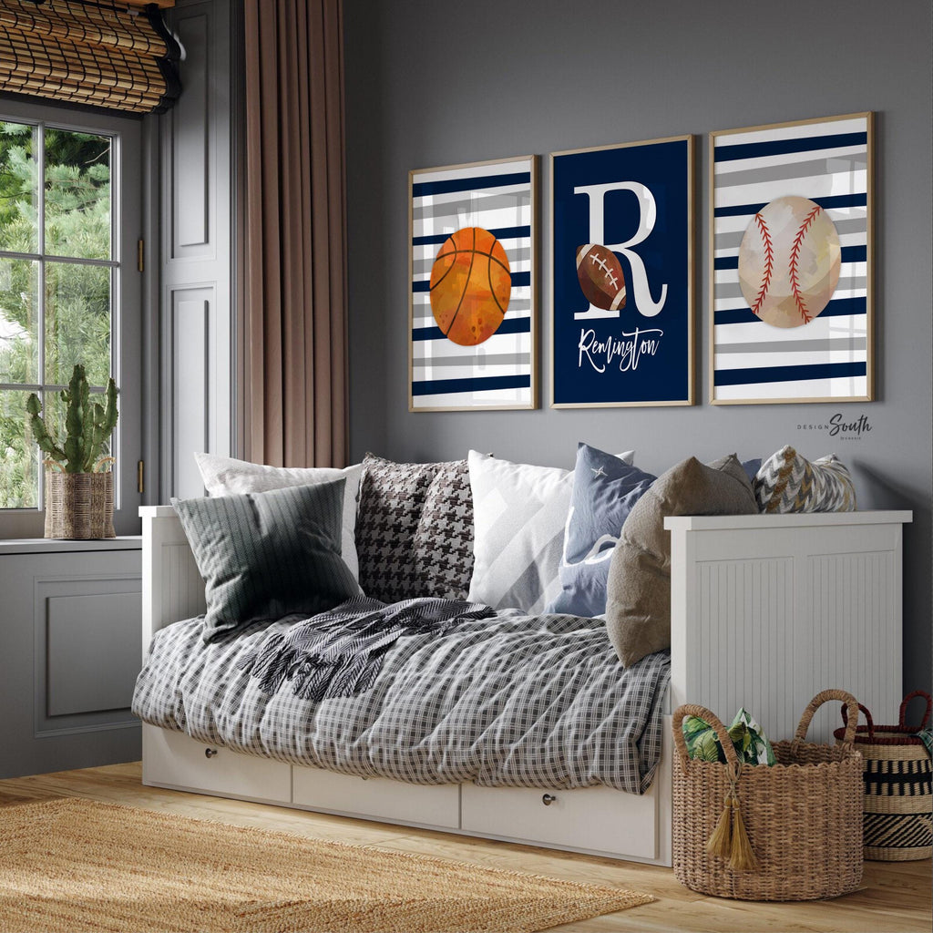 Sports room art, sports wall prints customized kids name, nursery decor sports theme, set of three above crib sports, boy bedroom sports art