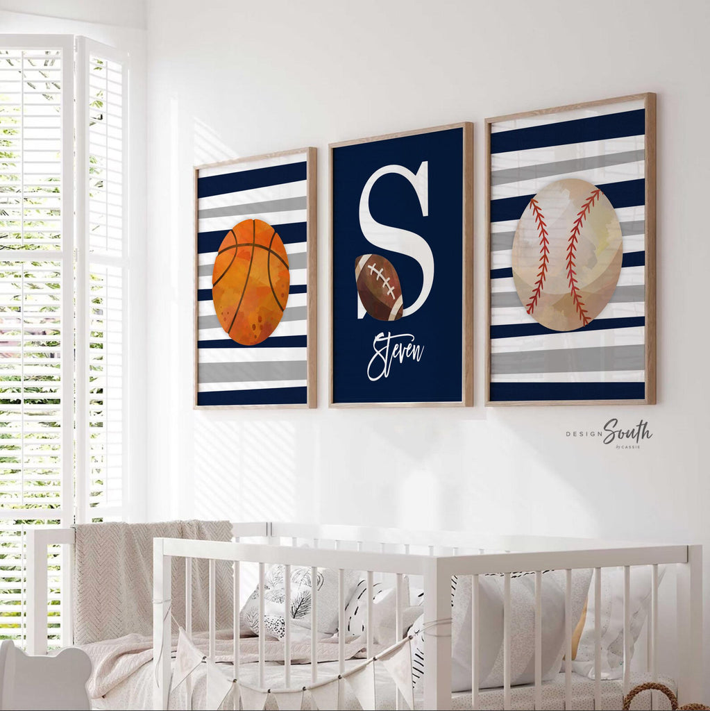 Sports room art, sports wall prints customized kids name, nursery decor sports theme, set of three above crib sports, boy bedroom sports art