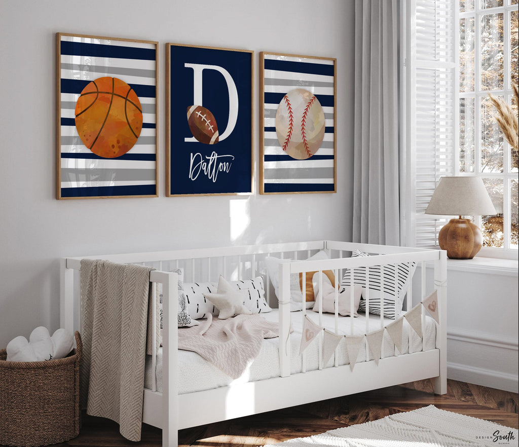 Sports room art, sports wall prints customized kids name, nursery decor sports theme, set of three above crib sports, boy bedroom sports art