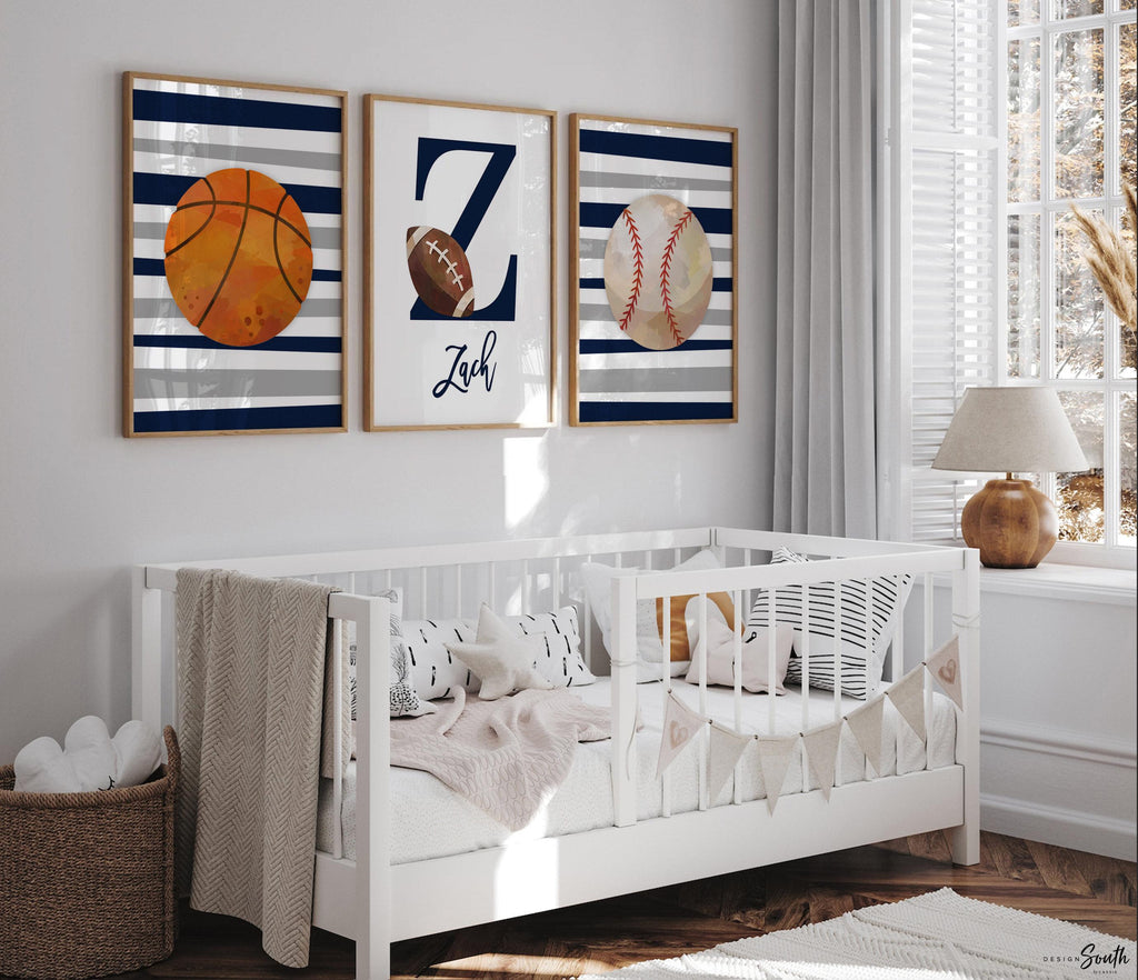 Stripes boys room decor, sports themed prints personalized, sports baby shower gift, navy blue and gray sports art print, sports baby room