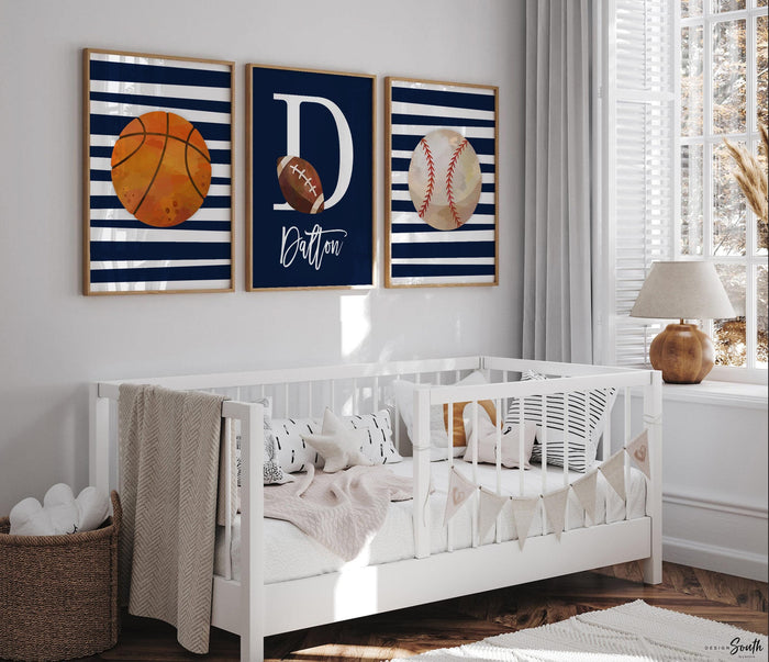 Sports birthday party gift, boys nursery decor, navy blue nursery wall art, boys monogram personalized sports print, big boy bedroom decor