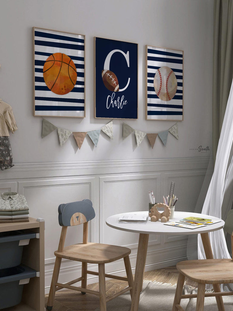 Sports birthday party gift, boys nursery decor, navy blue nursery wall art, boys monogram personalized sports print, big boy bedroom decor