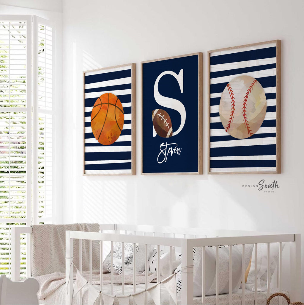 Sports birthday party gift, boys nursery decor, navy blue nursery wall art, boys monogram personalized sports print, big boy bedroom decor