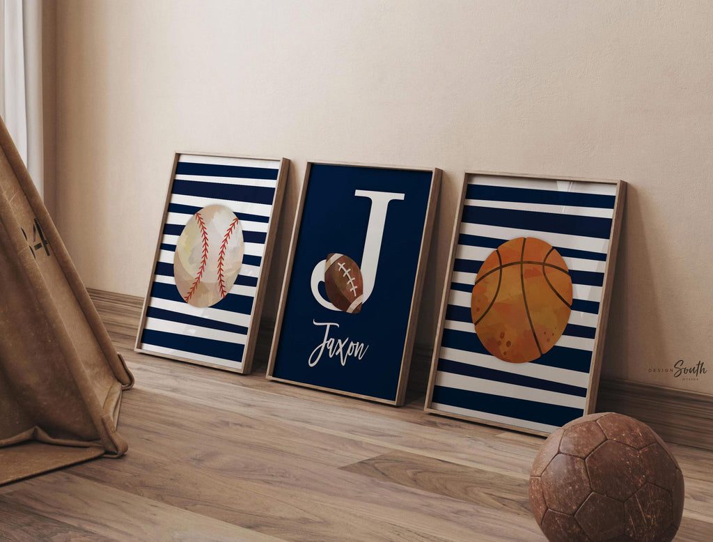 Sports wall prints for kid room, sports balls wall pictures, sports art personalized gift, basketball baseball football wall art boy nursery