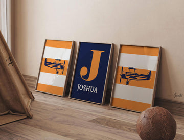 Boys orange and blue airplane nursery decor, aviation nursery, orange and navy boys, boys bedroom airplanes, aviation bedroom wall art boys