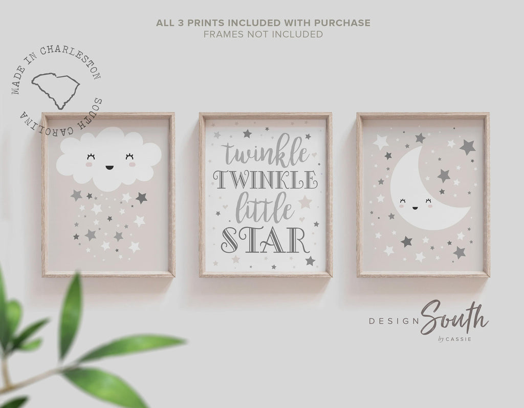 Gender neutral nursery wall art set of 3, twinkle twinkle little star quote, gray moon cloud and stars prints, unisex baby room decor prints