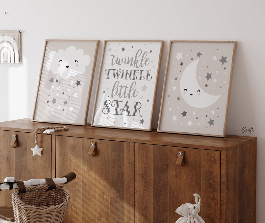 Gender neutral nursery wall art set of 3, twinkle twinkle little star quote, gray moon cloud and stars prints, unisex baby room decor prints