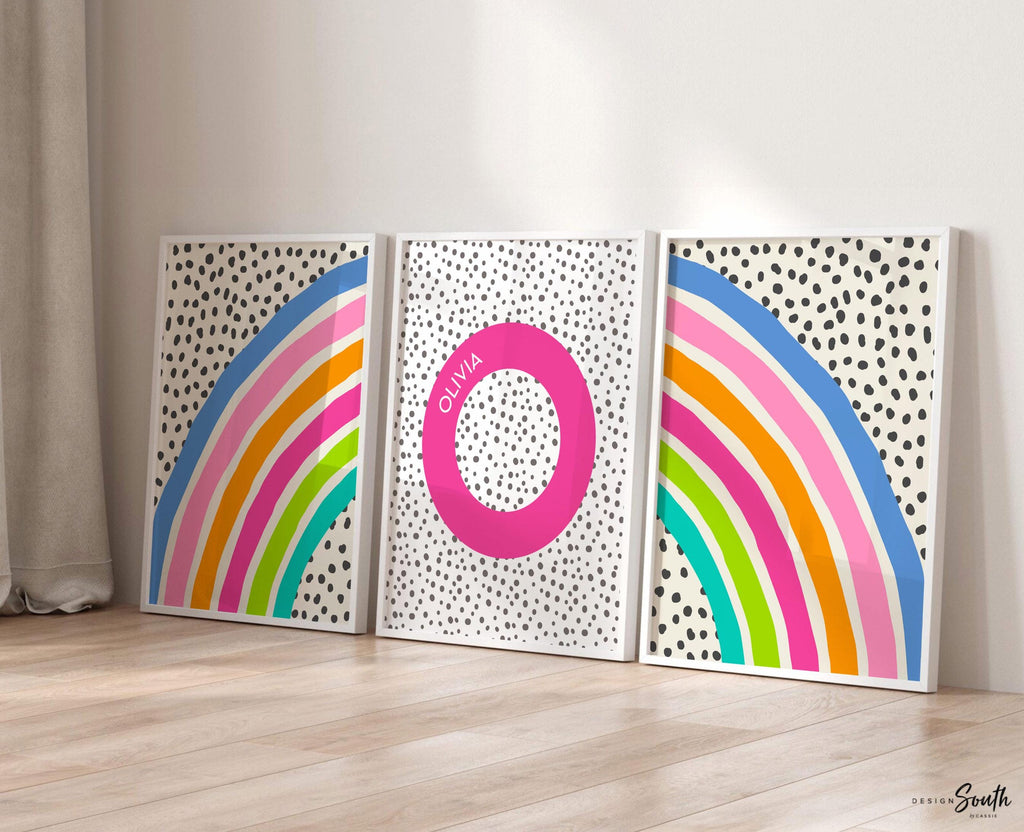 Bright rainbow decor for girl, bedroom decor rainbow theme, blue pink orange teal wall art for girl, bright playroom decor personalized name