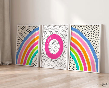 Bright rainbow decor for girl, bedroom decor rainbow theme, blue pink orange teal wall art for girl, bright playroom decor personalized name