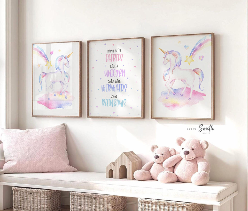 Baby girl unicorn nursery room art, unicorn girls room wall art, girl bedroom unicorn theme, pink blush clouds stars horse unicorn girl name