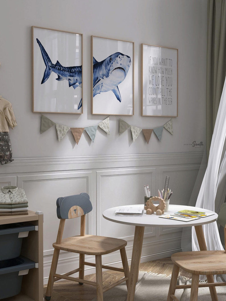 Set of shark-themed nursery wall art prints featuring the quote “To go to sleep I count sharks not sheep.” Perfect for a baby boy’s room or ocean-themed nursery, this playful and modern artwork adds a fun touch to boys&#39; bedrooms or toddler spaces. Includes watercolor-style shark illustrations and bold text, ideal for a shark lover’s room or under-the-sea decor. A great gift for baby showers, birthdays, or parents creating a shark or marine life theme for their little one.